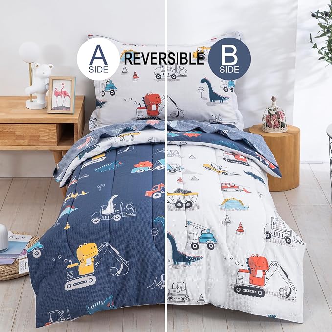 DJY Cotton Twin Bedding Set, Dinosaur Cars Reversible Twin Comforter Set - Image 2