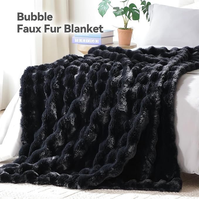 Smoofy Faux Fur Throw Blanket for Couch – Black Fluffy Cozy Rabbit Fleece - Image 2