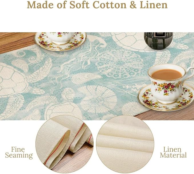 Marine Sea Turtle Table Runner, Ocean Beach Coral Starfish Seashell Table Runner - Image 4