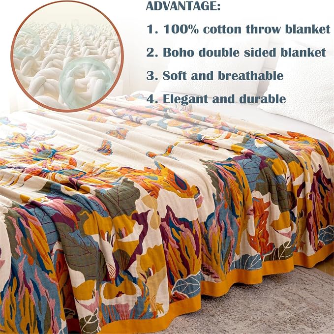 MSGKV Boho Throw Blanket for Couch 100% Cotton Throw Floral Bed Blanket - Image 5