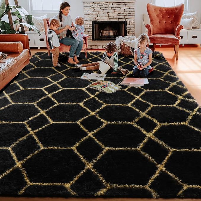 ONASAR 8x10 Area Rugs for Living Room, Fluffy Black and Gold Bedroom Rug - Image 5