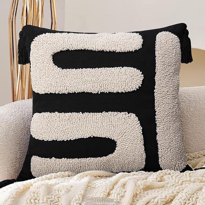 Adabana Black and Beige Pillow Covers 18x18 Decorative Tufted Abstract Throw by Adabana