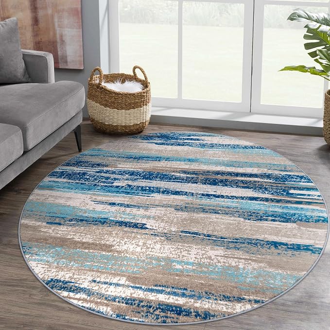 Modern Abstract Round Rug 5Ft, Circular Dining Room Rugs Thin Print Faux Wool - Image 2