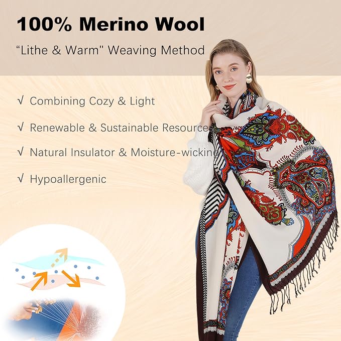 DANA XU 100% Merino Wool Extra Large Pashmina Blanket Travel Scarf Cashmere Wrap - Image 4