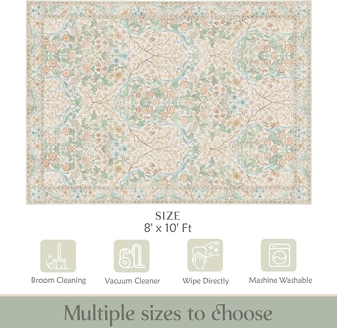 MUJOO 8x10 Area Rugs, Floral Washable Rugs - Image 2