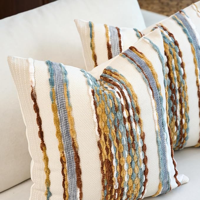 Aeckself Boho Pillow Covers 18x18 Inch Set of 2, Farmhouse Decorative Striped - Image 2