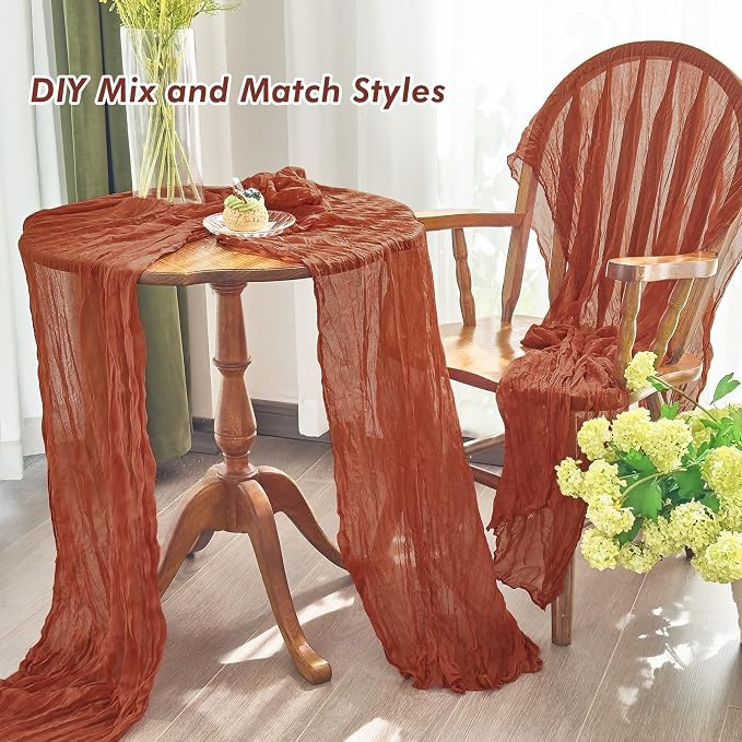 IVAPUPU 2 Pcs Cheesecloth Fall Thanksgiving Table Runner - 10ft Terracotta Boho - Image 4