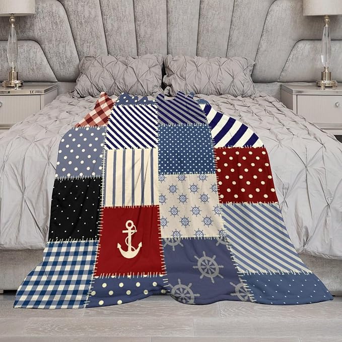 Nautical Blanket Vintage Coastal Rustic Red Blue White Polka Dot Stripe Anchor - Image 5