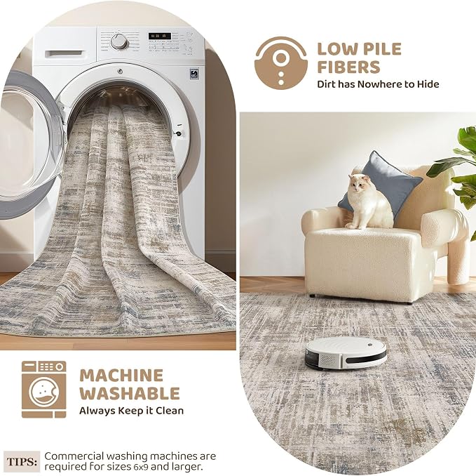 Area Rug for Living Room: 4x6 Washable Neutral Abstract Modern Soft Rugs Non - Image 5