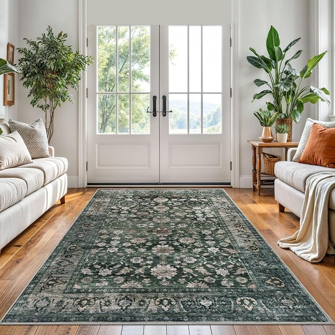 KUTA 5x7 Area Rugs Dark Green, Vintage Washable Rugs - Image 2