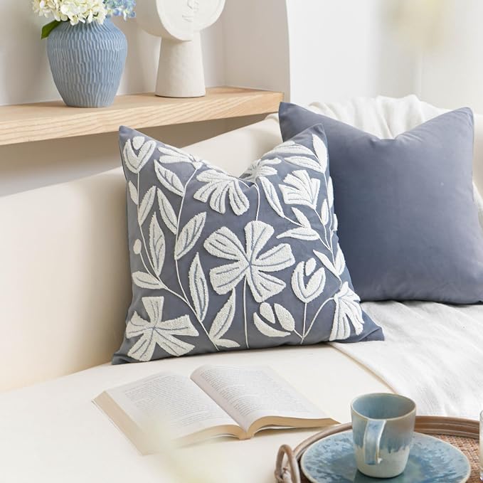 BlissBlush Blue Velvet Decorative Throw Pillow Cover 20X20, Flower Tufted Soft - Image 4