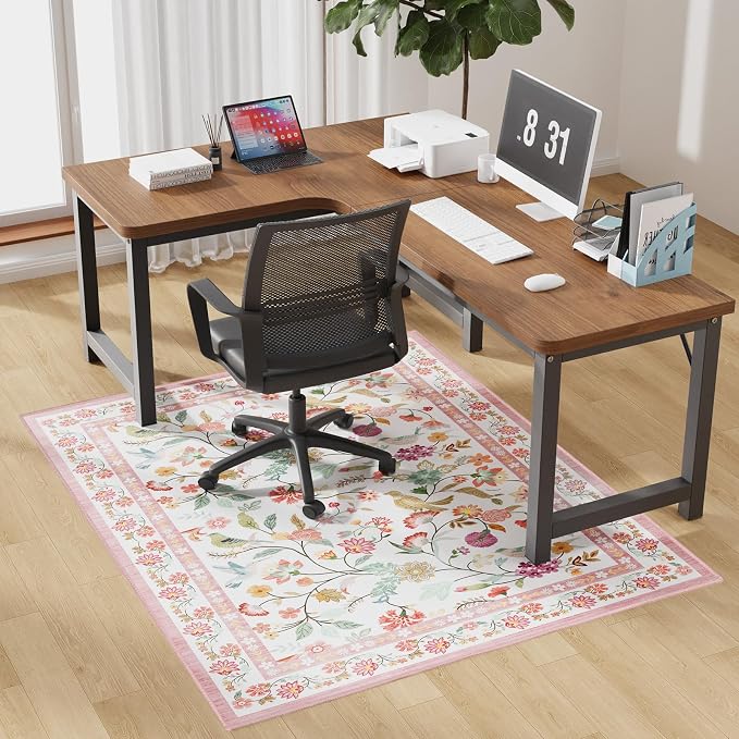 40"x50" Pink Floral Office Chair Rug, Under Desk Rugs by FeelLifeEnjoyLifelmmerseYourselfInLife