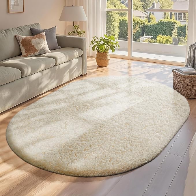 Ophanie 4x6 Oval Ivory Rugs for Bedroom Living Room, Fluffy Fuzzy Furry Carpet by Ophanie