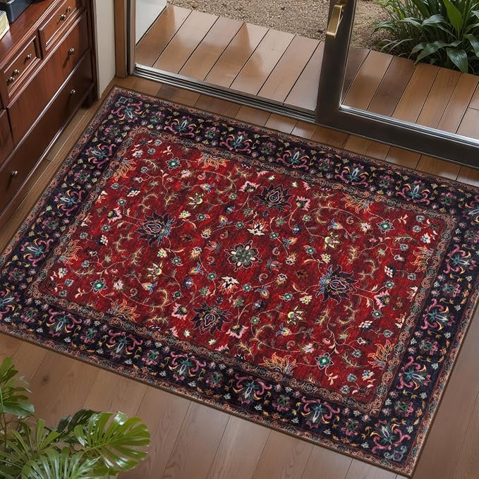Tangsoo 2x3 Washable Rugs for Entryway, Vintage Floral Rug Red Small Area Rug - Image 8