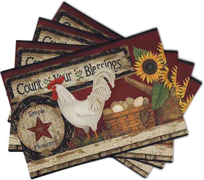 Giwawa Vintage Rooster Placemats Set of 4 Farmhouse Chicken Linen Table Mat - Image 2