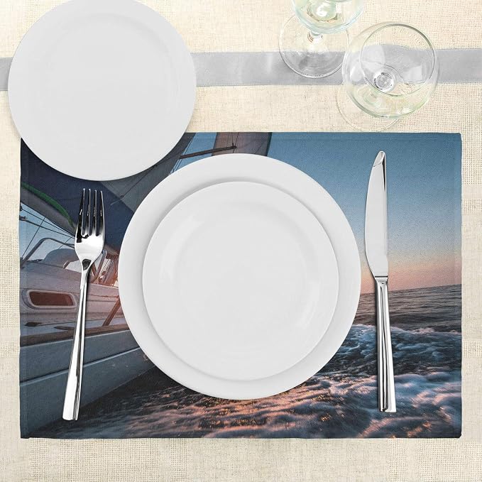 Ambesonne Nautical Place Mats Set of 4, Sail Boat in The Sea Waves Toward - Image 3