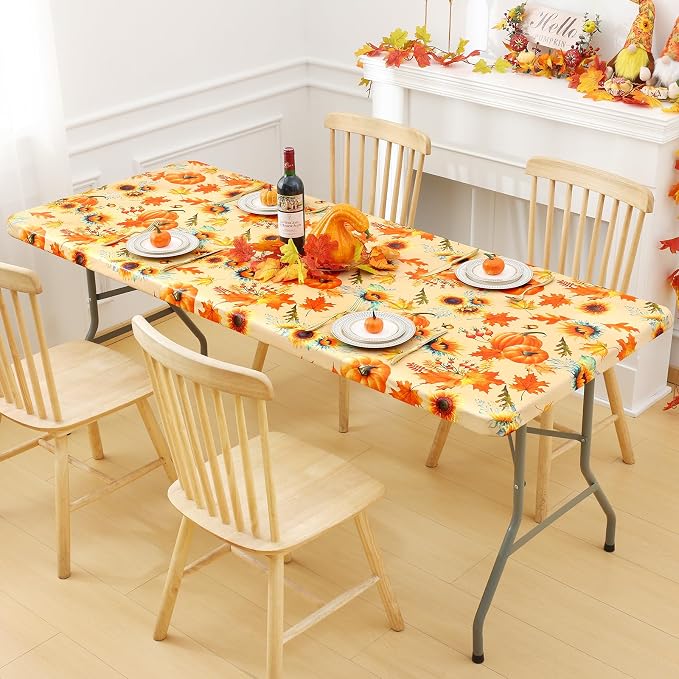 Smiry Plastic Thanksgiving Tablecloth, Sunflower & Pumpkin Waterproof Elastic - Image 8