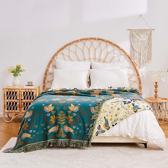 Yellow Boho Throw Blanket, 100% Cotton Blankets - Image 7