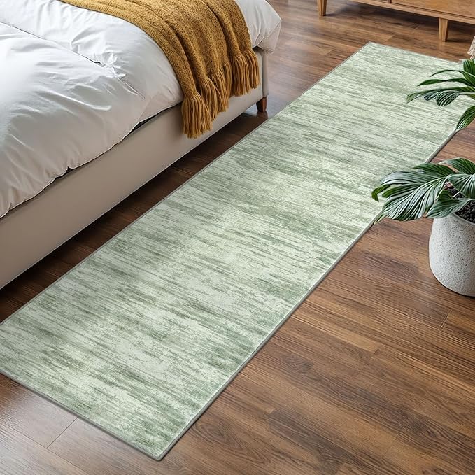 2x7 Modern Abstract Runner Rug for Hallways, Light Sage Green and Ivory Super - Image 2