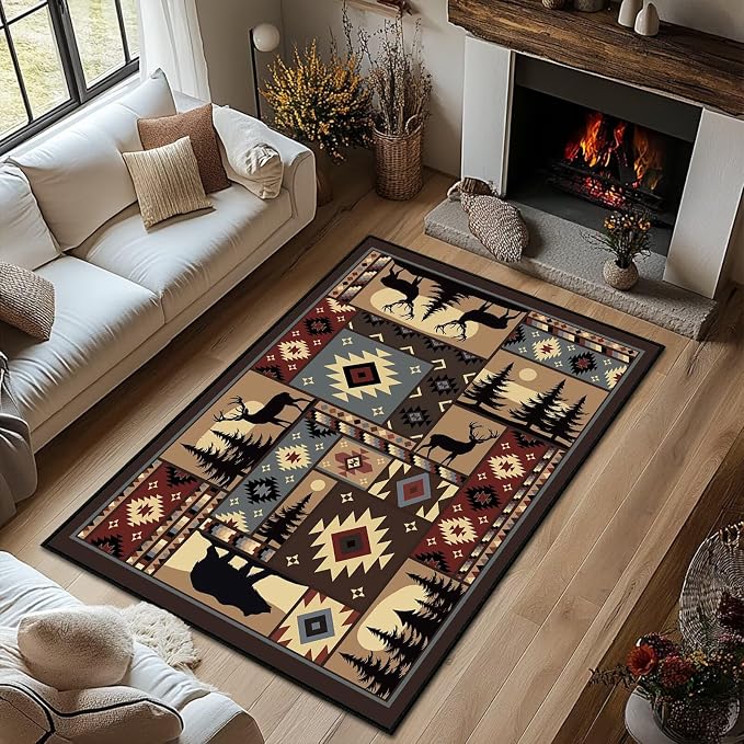 Rustic Rug for Living Room, Cabin Wildlife Area Rug 5x7, Buffalo Plaid Bear by Unknown
