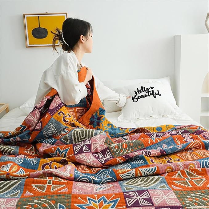 Cotton Throw Boho Blanket for Couch Bed, Cotton Quilted Boho 80''x90'' Muslin - Image 6
