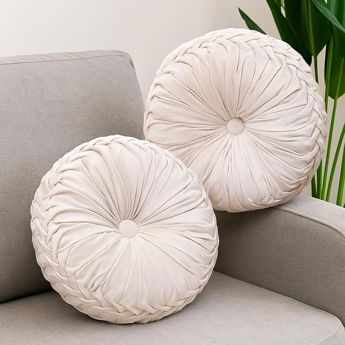 2 Pcs Round Throw Pillows 15 Inch Decorative Velvet Pleated Pumpkin Floor Boho by Beeveer