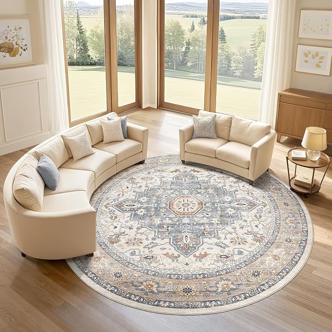 Round Rug Living Room Rugs: 7x7 Washable Boho Neutral Large Circle Soft Indoor by LOONGRUG
