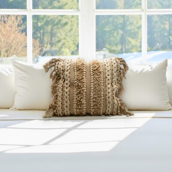 Decorative Boho-Chic Square Pillow Cover 18x18 Handwoven Tufted Braided Cotton - Image 5