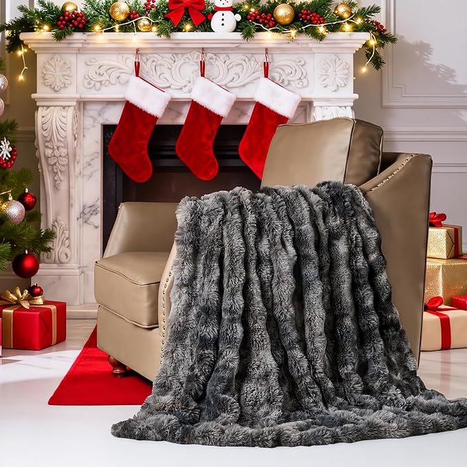 Lotus Karen Faux Fur Blanket Tie-Dye Dark Gray Twin Size - Image 2