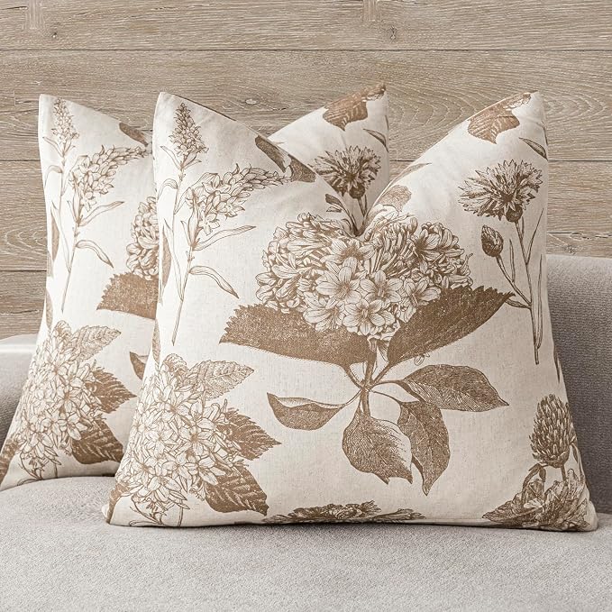 Foindtower Set of 2 Linen Floral Throw Pillow Covers Neutral Vintage Print by Foindtower