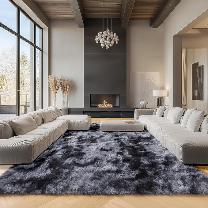 ONASAR 8x10 Area Rugs for Living Room, Tie-Dyed Dark Grey Fluffy Shag Large by ONASAR