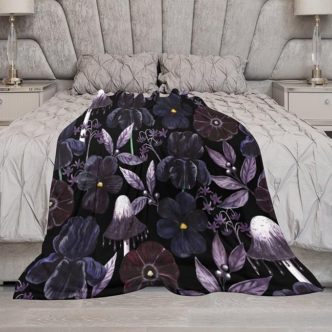 Gothic Floral Blanket, Vintage Abstract Black Purple Peony Flowers Mushroom - Image 7