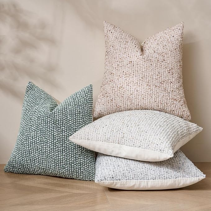 Striped Throw Pillow Covers 20x20 Set of 2 Cream Grey Textured Boucle Chic - Image 5