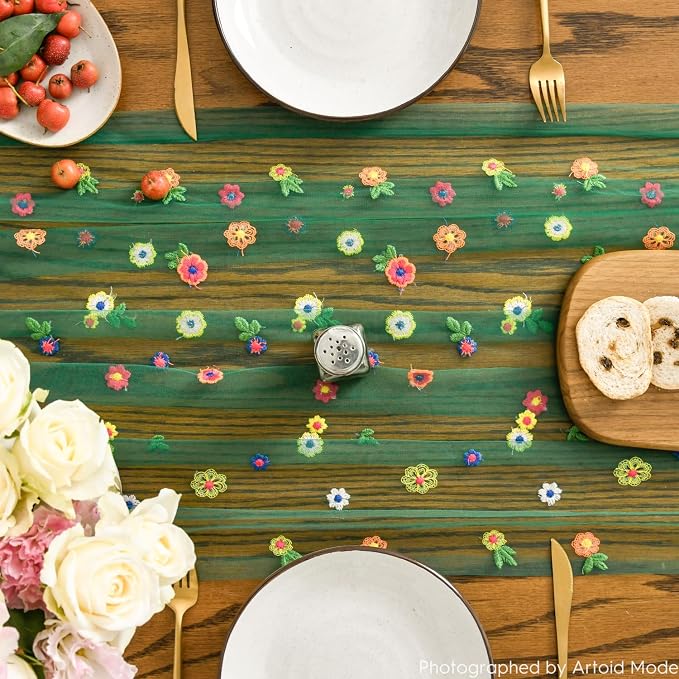 Artoid Mode Dark Green Embroidery Daisy Gauze Table Runner 120 Inch 10FT - Image 7