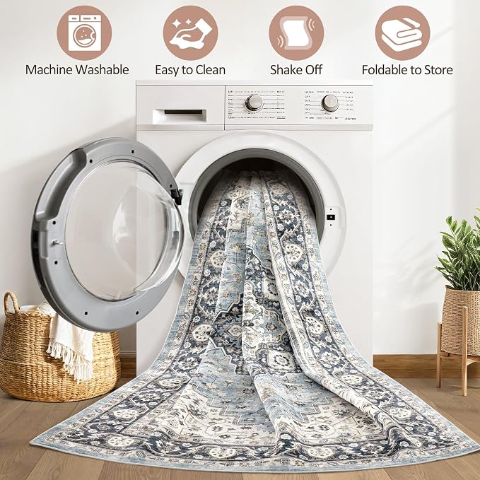 7x9 Area Rug Living Room: Washable Boho Large Neutral Vintage Soft Rugs Stain - Image 2