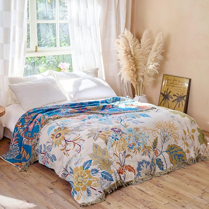 MSGKV Boho Throw Blanket for Couch Cotton Floral Blanket 50"x60" Throws for - Image 5