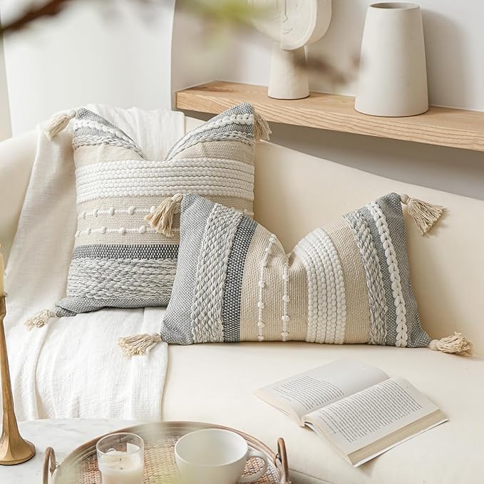 BlissBlush Decorative Lumbar Throw Pillow Cover 14x24 Boho Gray Accent Cushion - Image 3