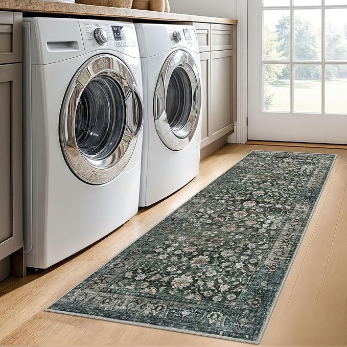 KUTA Runners for Hallways 2x6 Dark Green, Vintage Floral Rug Non-Slip Washable - Image 3