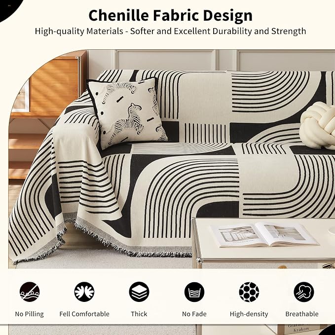 Boho Couch Cover Sofa Covers Washable, Chenille Couch Covers - Image 3