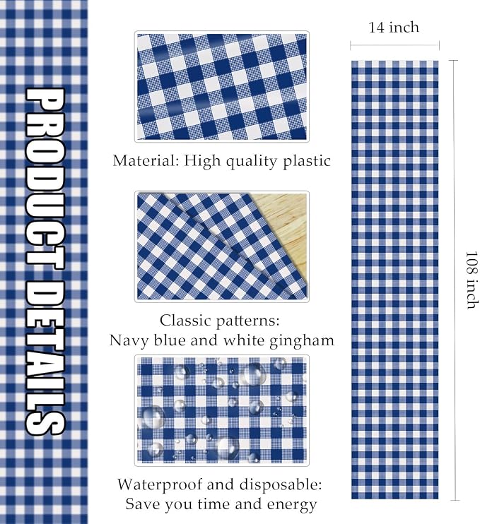 6 Pcs Navy Blue and White Checkered Table Runner Plastic 14 x 108 Disposable - Image 3