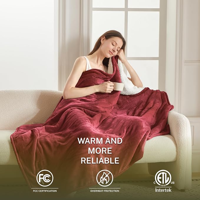 Heat Blanket 50”x60” Throw, Soft Flannel & Sherpa Reversible Electric Blanket - Image 2