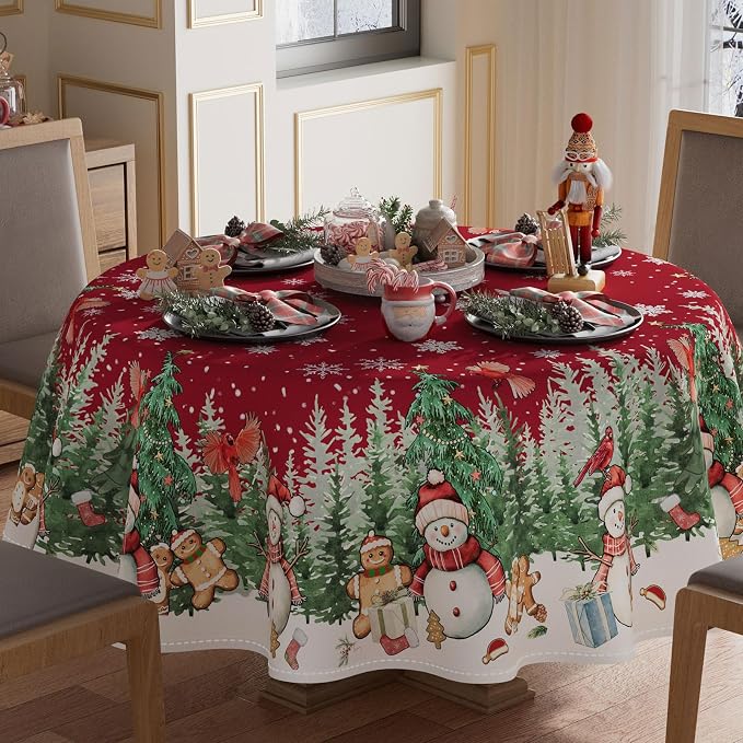 XCHI Snowman Gingerbread Man Tree Winter Tablecloth Round Christmas Table Cloth by XCHI