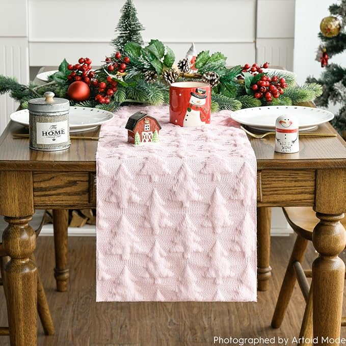 Artoid Mode Christmas Trees Pink Soft Plush Faux Fur Jacquard Christmas Table - Image 3