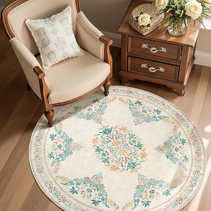 jinchan Round Rug 4ft Area Rug Vintage Floral Distressed Design Machine - Image 2