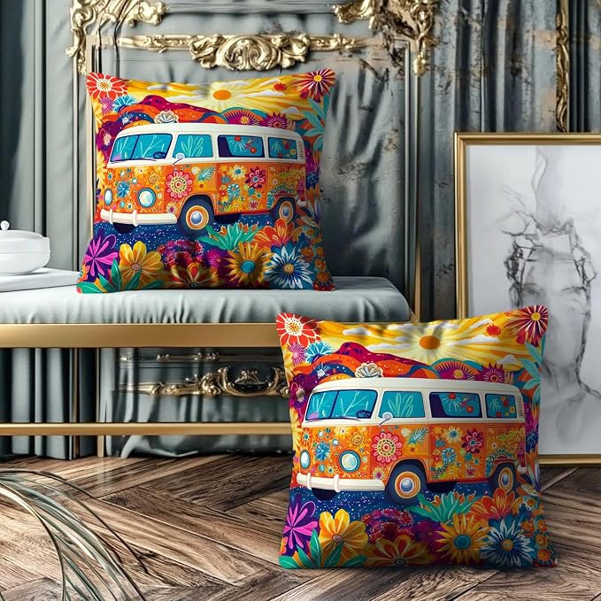 Hippie Van Throw Pillow Covers 18x18 Set of 2 | Home Decor Retro 1960s Cushion - Image 4