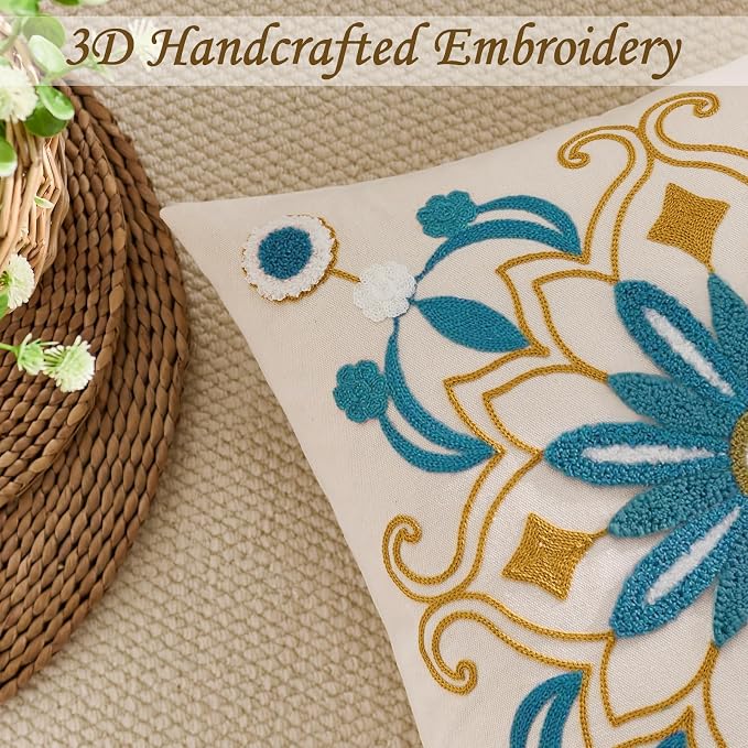 Embroidered Throw Pillow Cover 20x20 Classic Boho Floral Pattern Pillows Cover - Image 2
