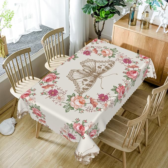 54x86inches Floral Rectangle Tablecloth Red Rose Flower Butterfly Printed - Image 5