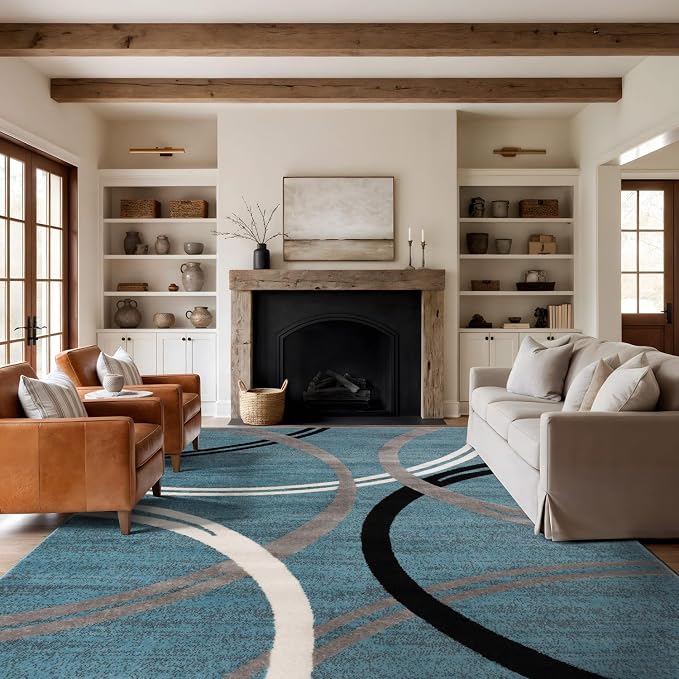 Rugshop Modern Wavy Circles Design Area Rug, Fade-Resistant Carpet by Rugshop