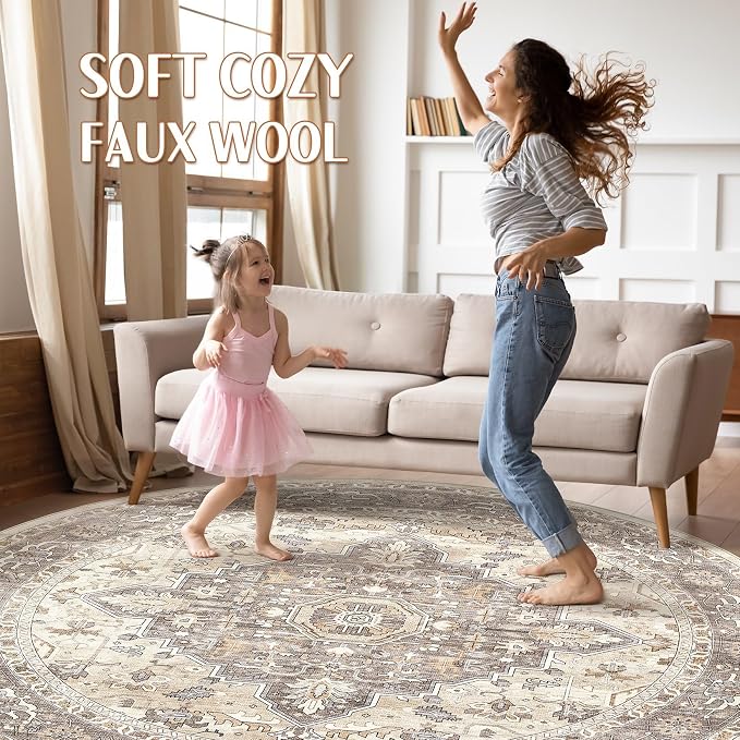 Round Rug Living Room Rugs: 4x4 Washable Boho Neutral Circle Soft Non-Slip - Image 3