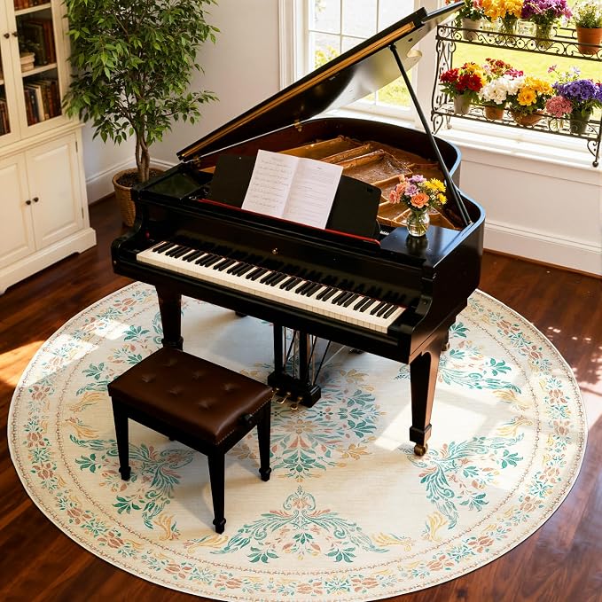 jinchan Round Rug 8ft Area Rug Vintage Floral Distressed Design Machine - Image 2